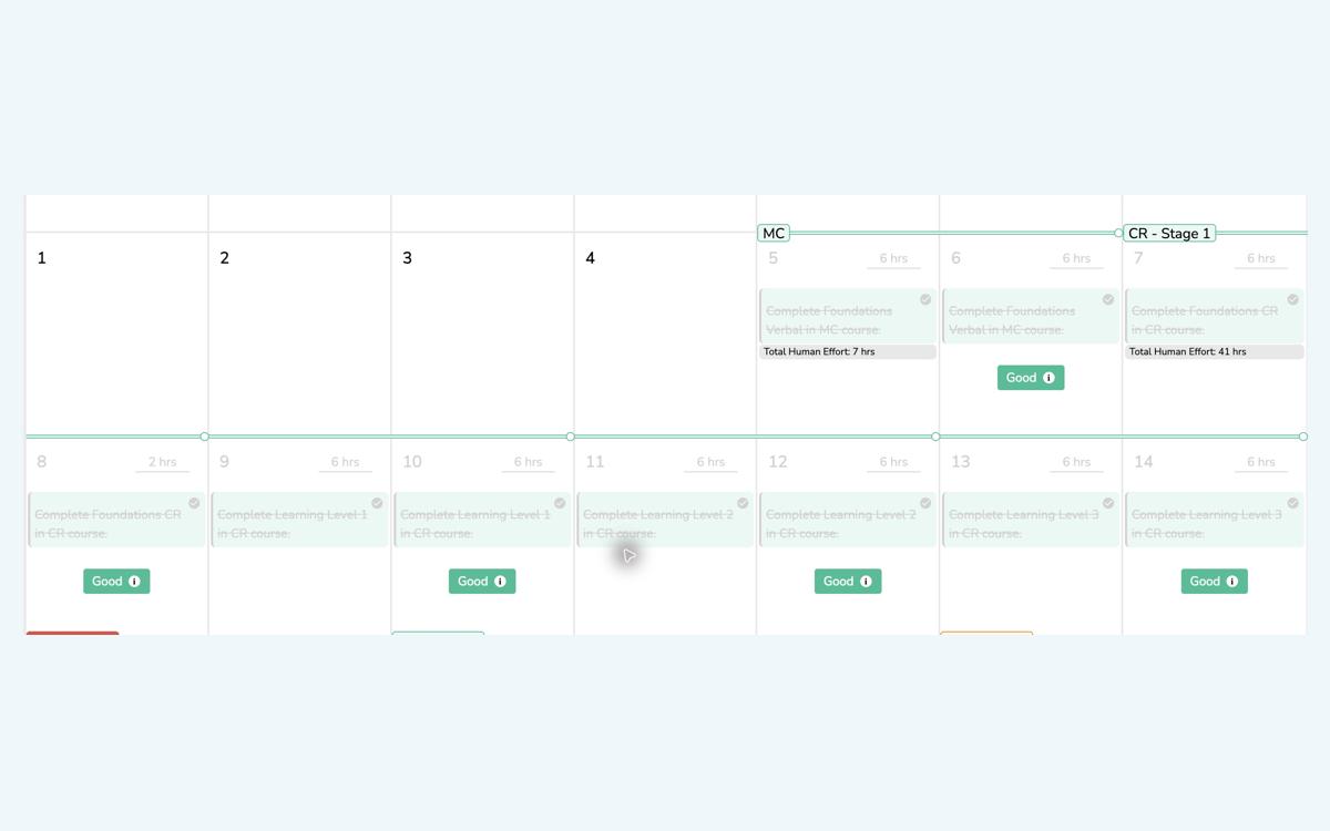Course calendar showing scheduled study activities and completed tasks