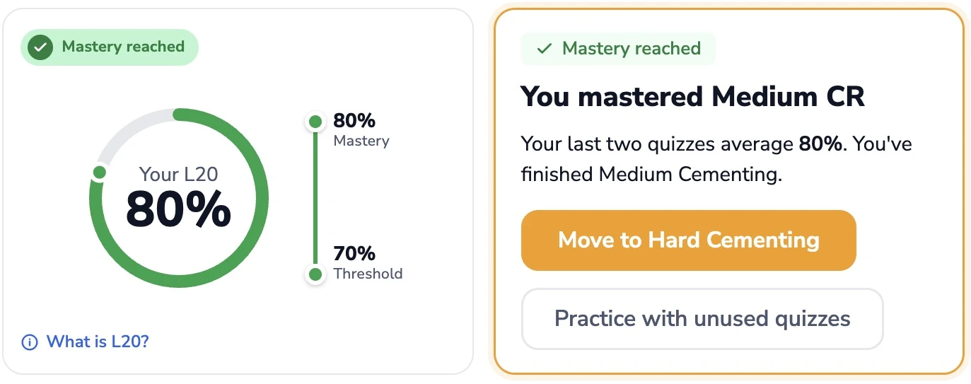 Actual course panel showing 80% L20 and You mastered Medium CR